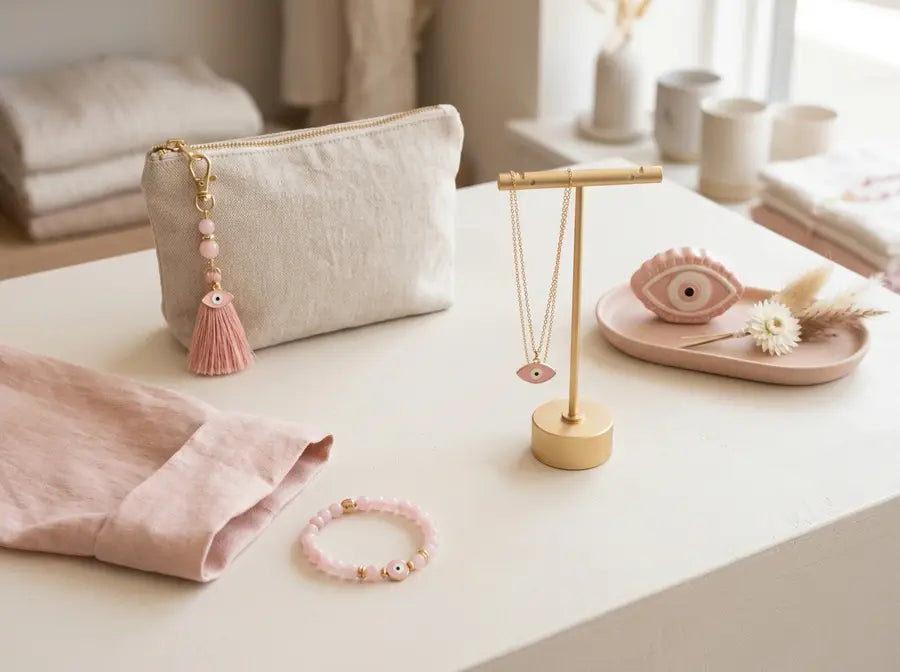 Pink evil eye bracelet, necklace, pouch charm, and small decor accent arranged in separate tabletop use zones