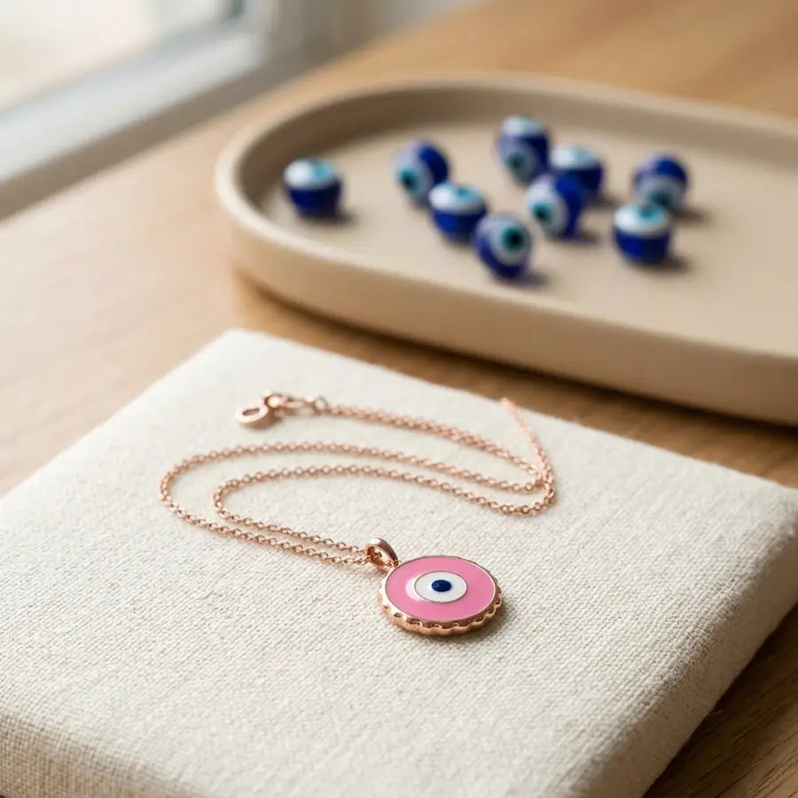 Modern pink evil eye necklace in front of softly blurred blue-and-white evil eye beads on a separate tray