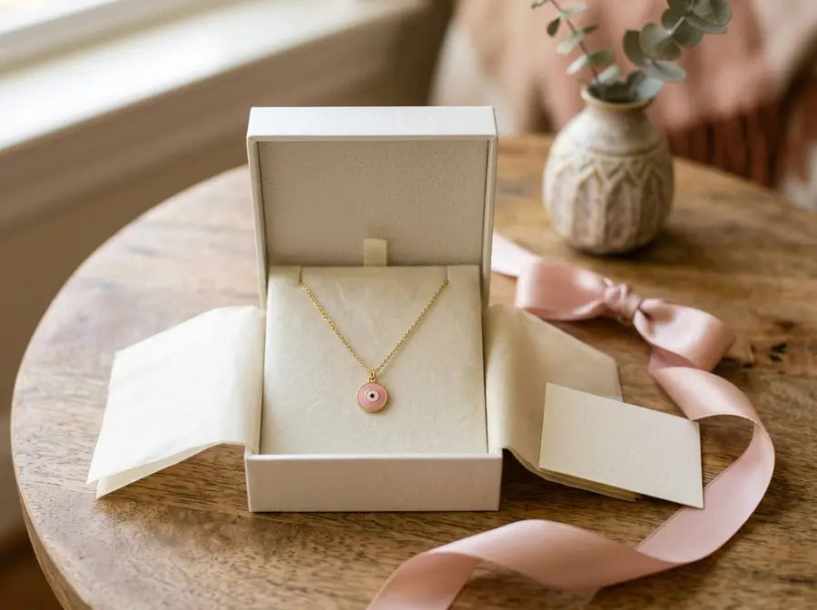 Pink evil eye necklace in an open pearl-white gift box with blush ribbon and a blank cream card