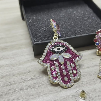 Enchanting Hamsa Evil Eye Drop Earrings: Vintage Crystal Jewelry Gift