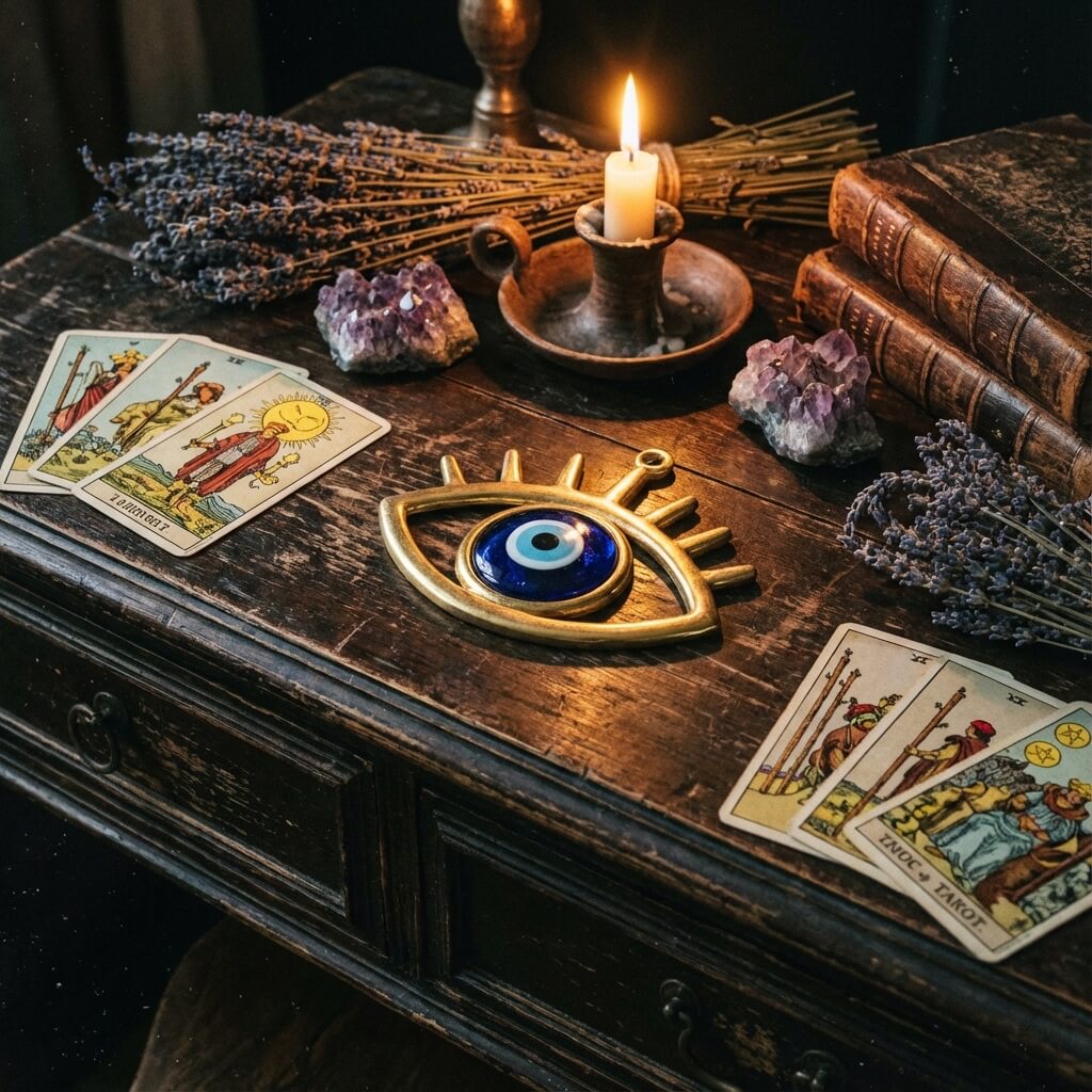 Mystical Evil Eye amulet setting with tarot cards and crystals for protection rituals.