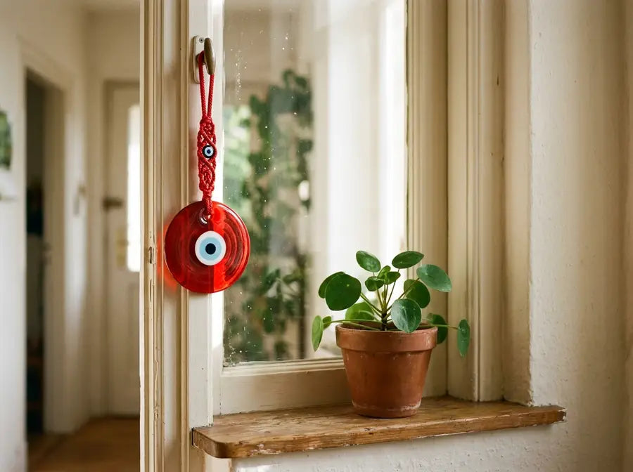 Red evil eye amulet hanging by a sunlit windowsill plant near a doorway inside a warm-toned home