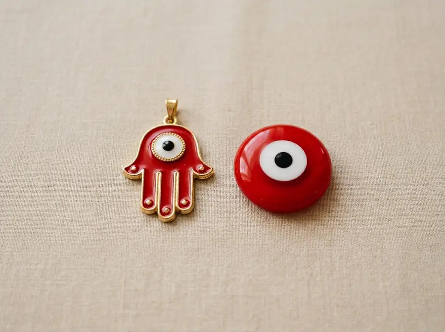 Red hamsa hand pendant with an eye in its palm next to a round red nazar bead on a warm neutral surface