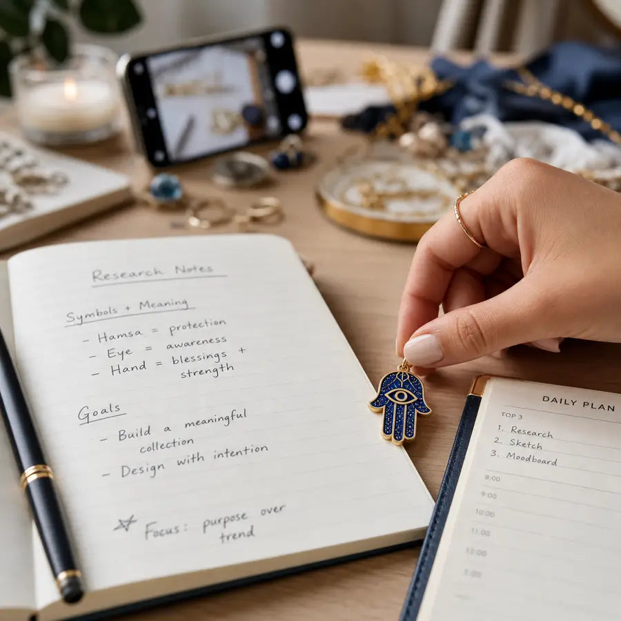 Hand holds a blue and gold Hamsa pendant above research notes, a planner, and scattered jewelry.
