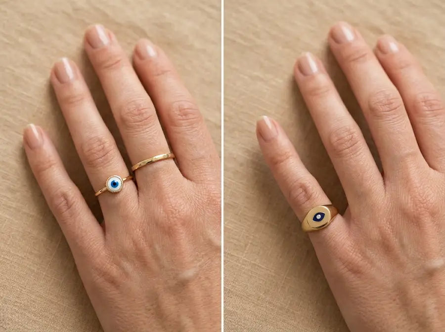 Two matched hand crops compare an evil eye ring on the ring finger with a similar ring on the pinky.