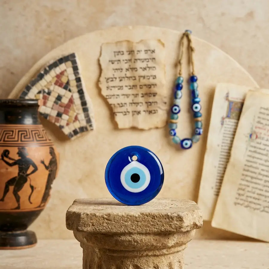 Sharp cobalt evil eye symbol before blurred Greek ceramic, Roman mosaic, Levantine parchment, and Anatolian bead references.
