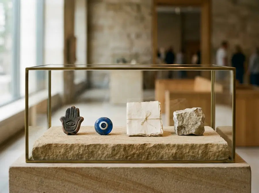 Hand-shaped amulet form and blue eye-like bead arranged with archival paper and stone fragment in a low display-case setting.