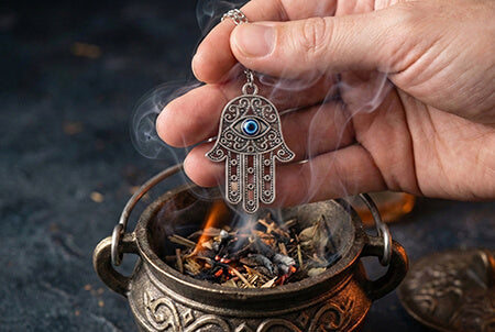 A hand holding an ornate silver Hamsa Hand charm featuring a blue evil eye, suspended over a smoking ceremonial bowl in dim, moody light.