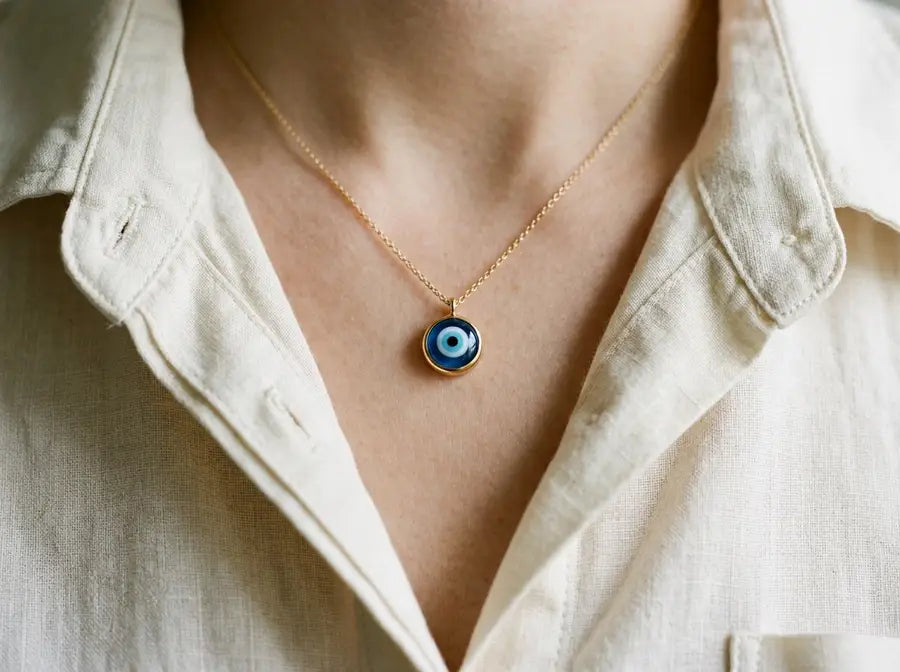 Single blue evil eye pendant centered in the V of an open collar with the collar framing it