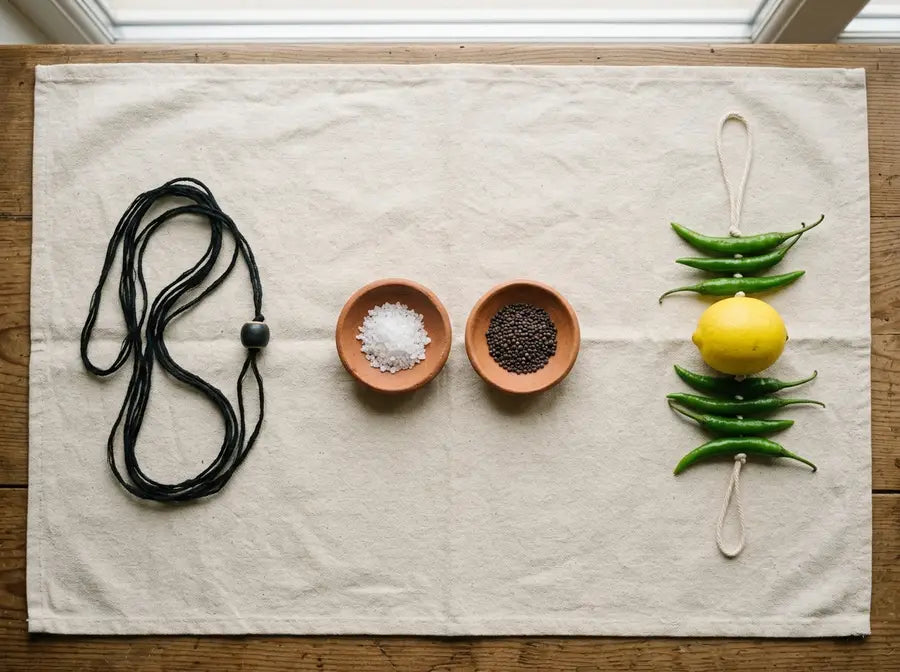 Black thread and bead, dishes of salt and mustard seeds, and a lemon-and-green-chili hanging lie separately on cotton cloth