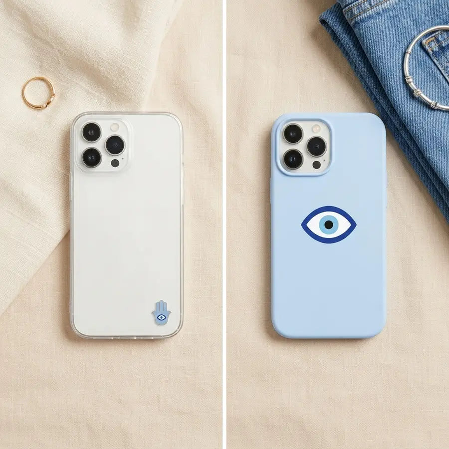 Two same-size phone cases side by side, one with a tiny corner Hamsa motif and one with a large centered blue evil eye motif.