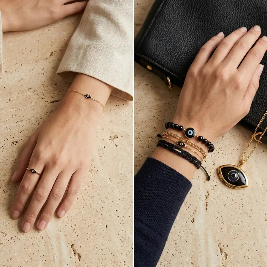 Subtle black evil eye ring and bracelet compared with a larger pendant and stacked bracelet under matching light.