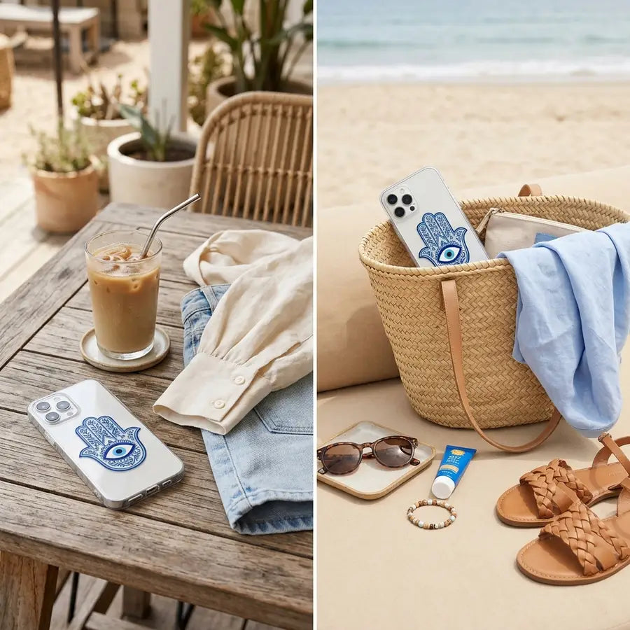 Clear blue Hamsa evil eye phone case appearing in a café setup on one side and inside a straw beach tote on the other.