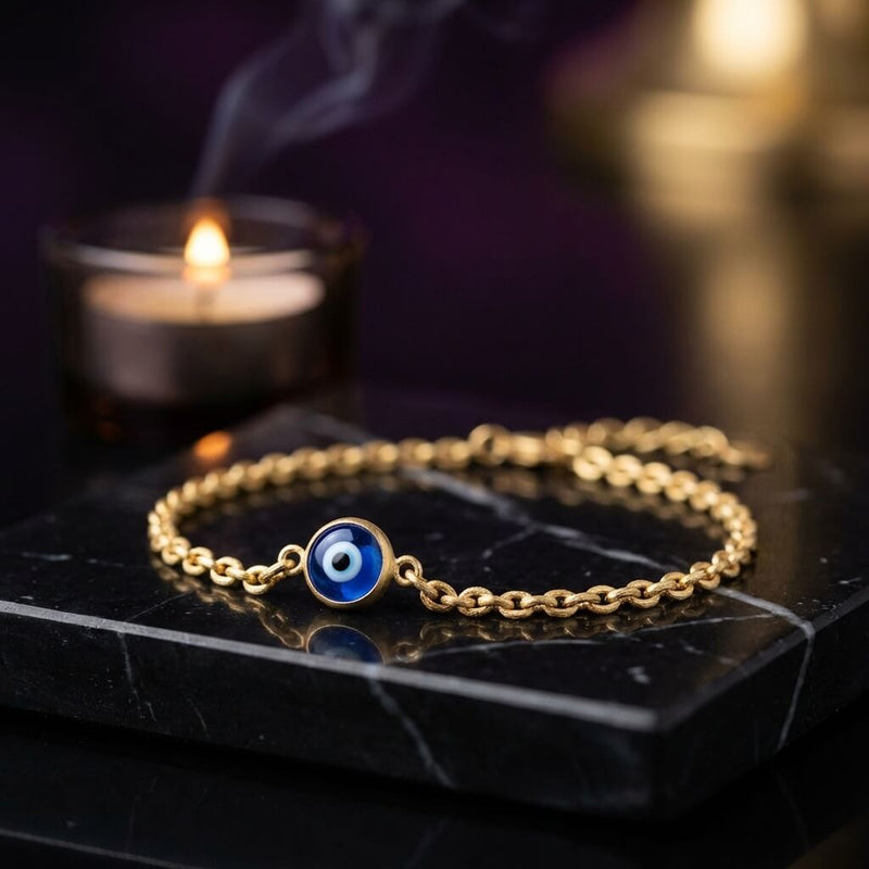 Modern Evil Eye talisman bracelet for luck and spiritual protection in a minimalist setting.