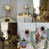 Collage of a gold tone eye tabletop mirror displayed on dressers, with jewelry and nearby decorative accessories