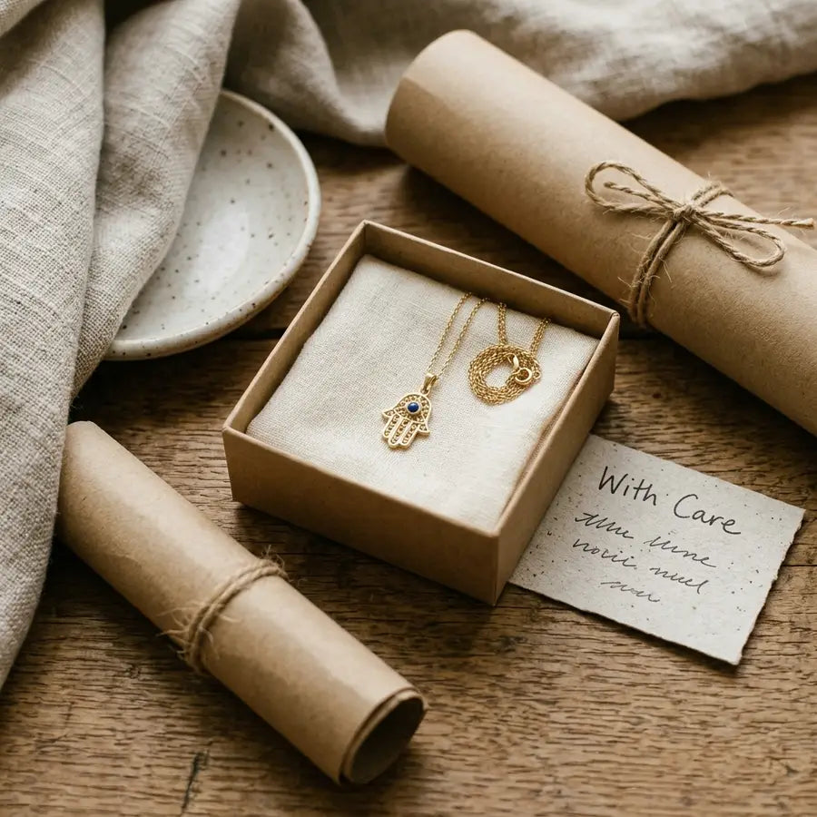 Open kraft gift box with a simple Hamsa pendant, neutral wrapping, blank care note, linen scarf, and ceramic dish.