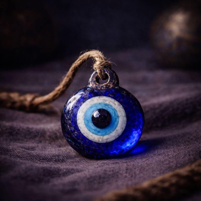 Handmade blue glass evil eye amulet, an ancient symbol of protection used across Mediterranean cultures