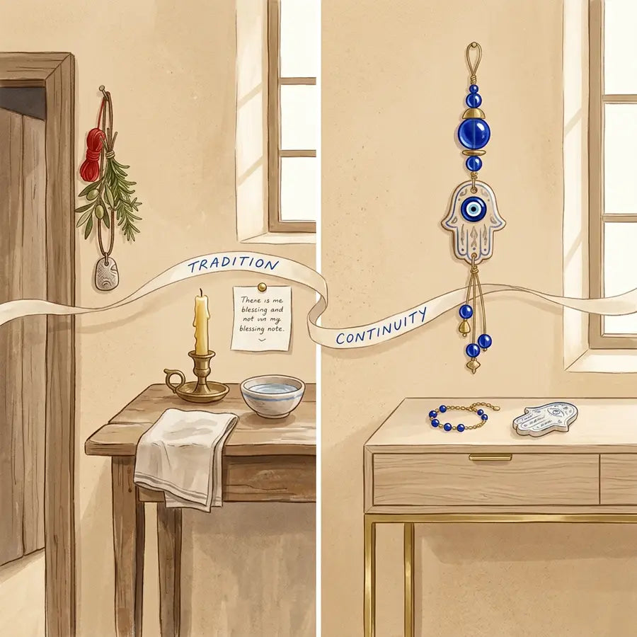 Split household scene linking a traditional blessing table and doorway charm with modern blue glass wall charm, bracelet, and