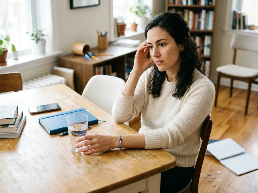 Thoughtful person near a blue eye bracelet with small blurred mishaps in the background, including spilled coins and a droppe