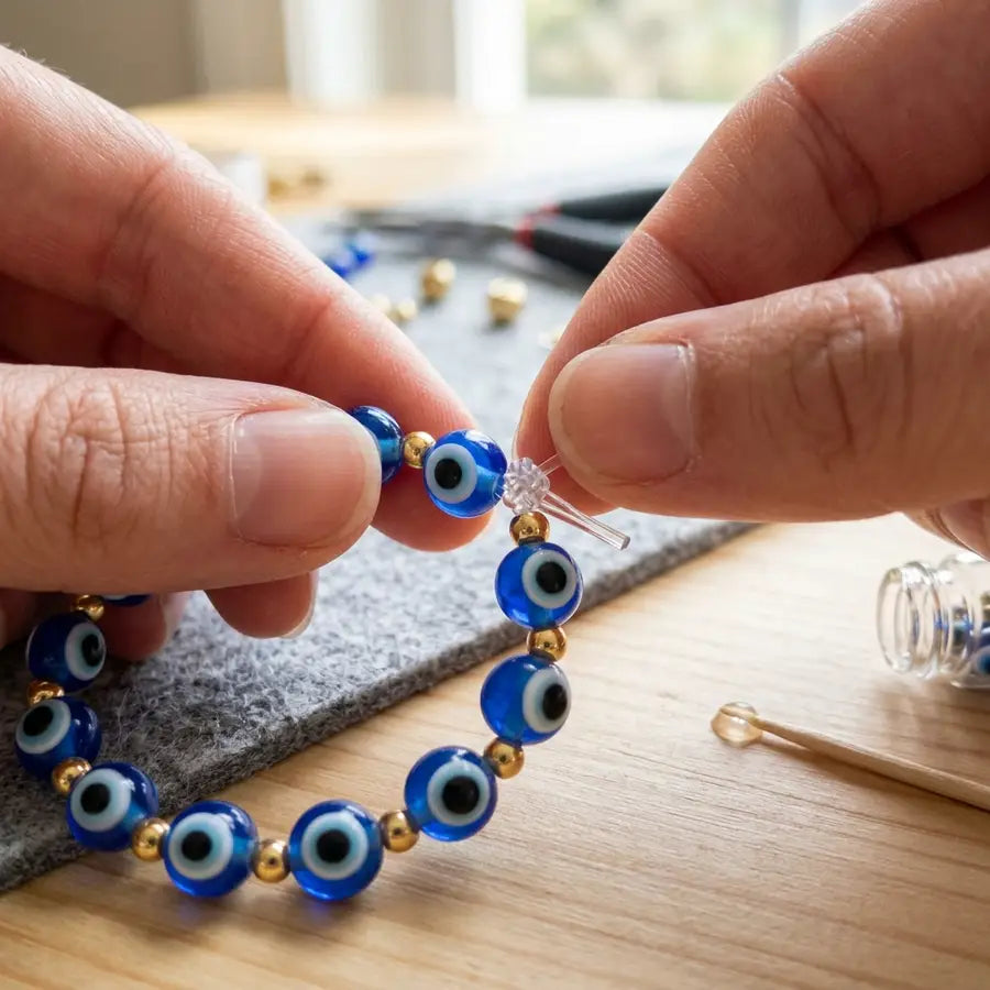 Fingertips tucking a small stretch-cord knot into a bead hole with trimmed cord ends and even bead spacing visible.