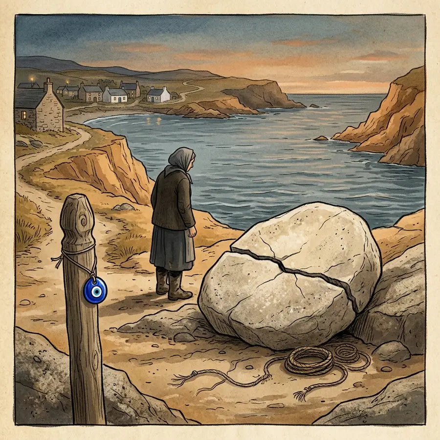 Cracked sea stone near a coastal village with slack ropes, a distant gazing figure, and a small nazar bead on a wooden post.