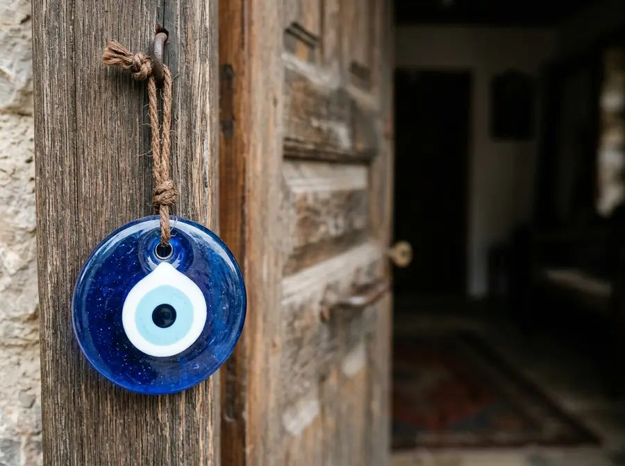 Single blue glass eye bead hanging from a plain cord beside a wooden doorway