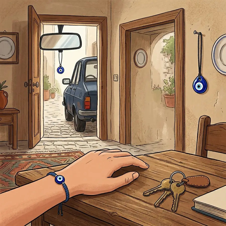 Nazar bracelet in the foreground with matching blue beads on a doorway and car mirror in the background.