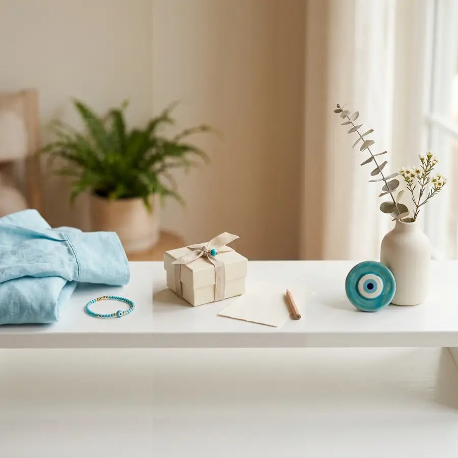 Turquoise evil eye bracelet, blank gift note with box, and small shelf object arranged as three everyday use moments.
