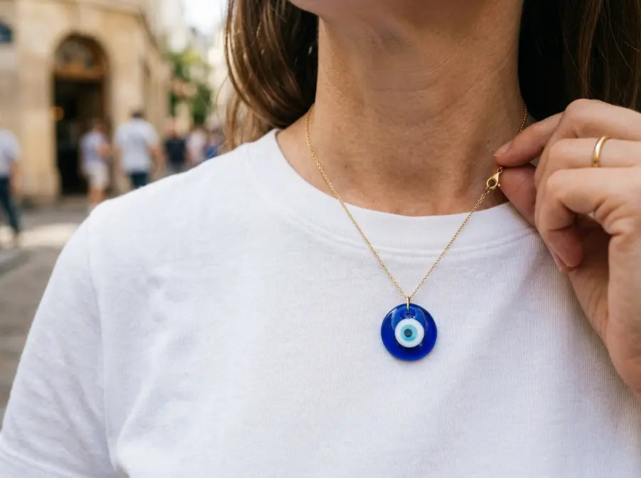 Outward-facing blue evil eye pendant worn visibly at the collarbone on a white shirt while a hand adjusts the chain.