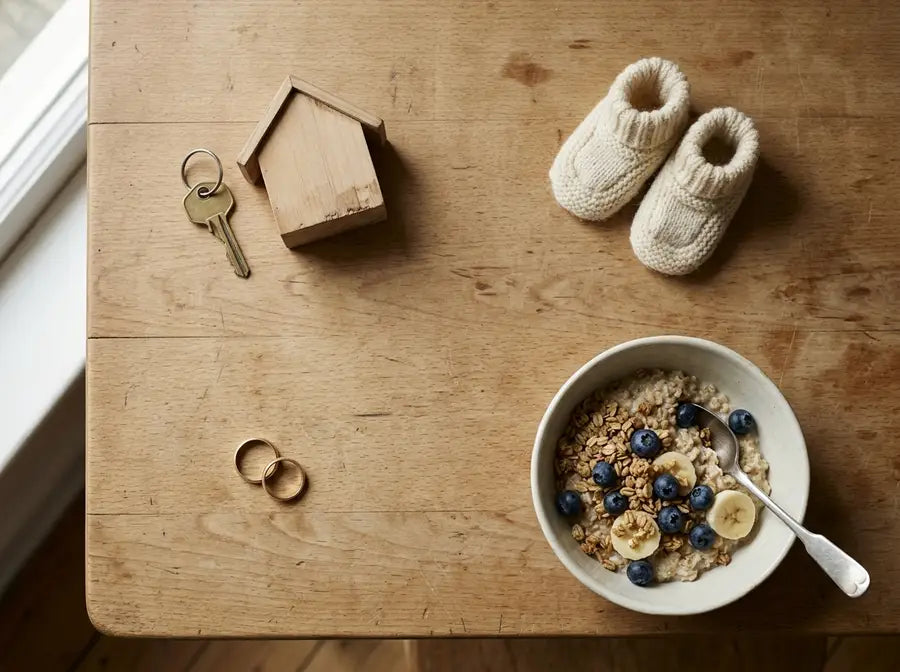 House key, wedding bands, baby booties, and a bowl of grain and fruit arranged on a wooden table
