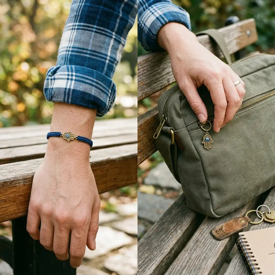 Visible Hamsa bracelet on one wrist compared with a small Hamsa charm clipped to a canvas bag zipper beside keys and planner.