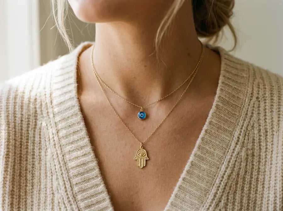 Layered necklaces on a cream knit neckline with a small blue evil eye above a longer gold Hamsa pendant.
