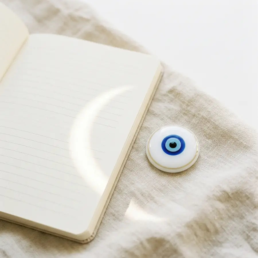 Single white evil eye bead on pale linen beside a blank journal page crossed by a crescent-shaped light reflection