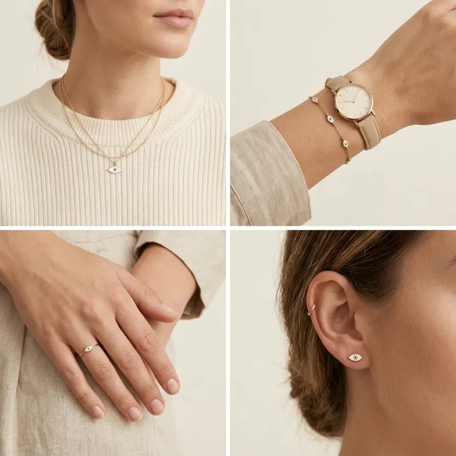 Four lifestyle crops showing a white evil eye necklace, bracelet, ring, and earrings worn in different everyday placements