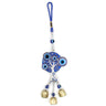 Blue evil eye tree wind chime with a cord loop and three gold tone bells on a white background