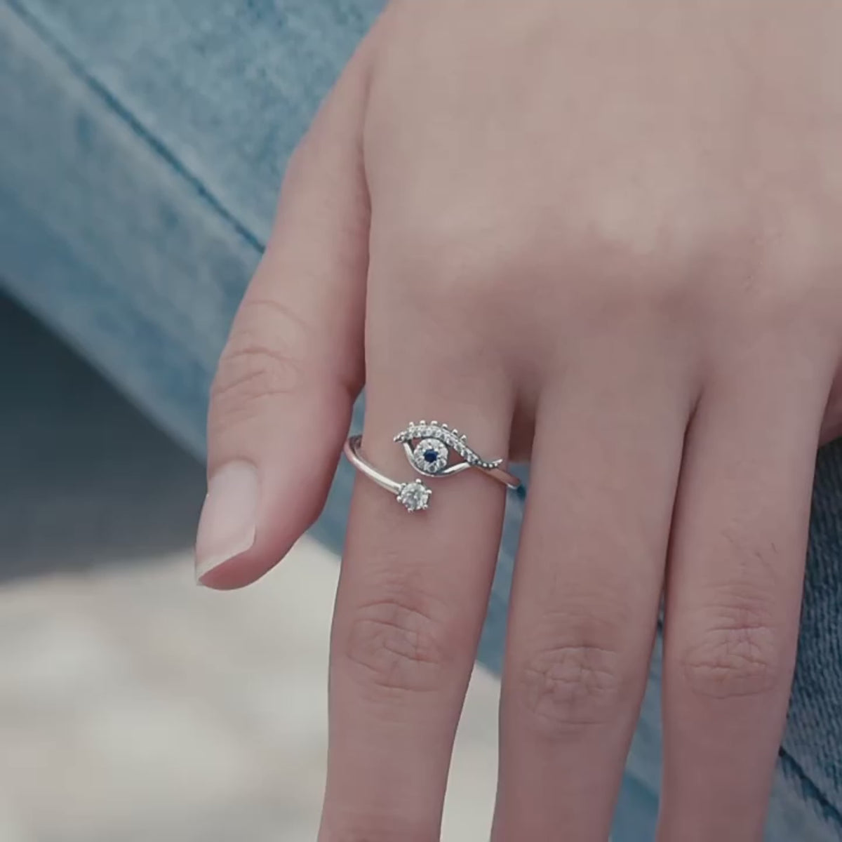 Women's Lucky Evil Eye Adjustable Ring with Blue Zircon and Shining Sterling Silver