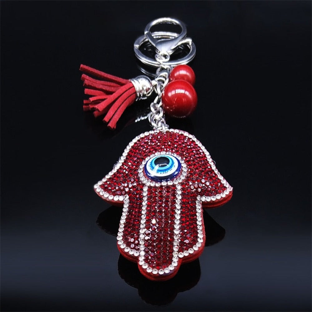 Protect Your Good Luck: Red Crystal Turkish Eye Hamsa Hands Keychains