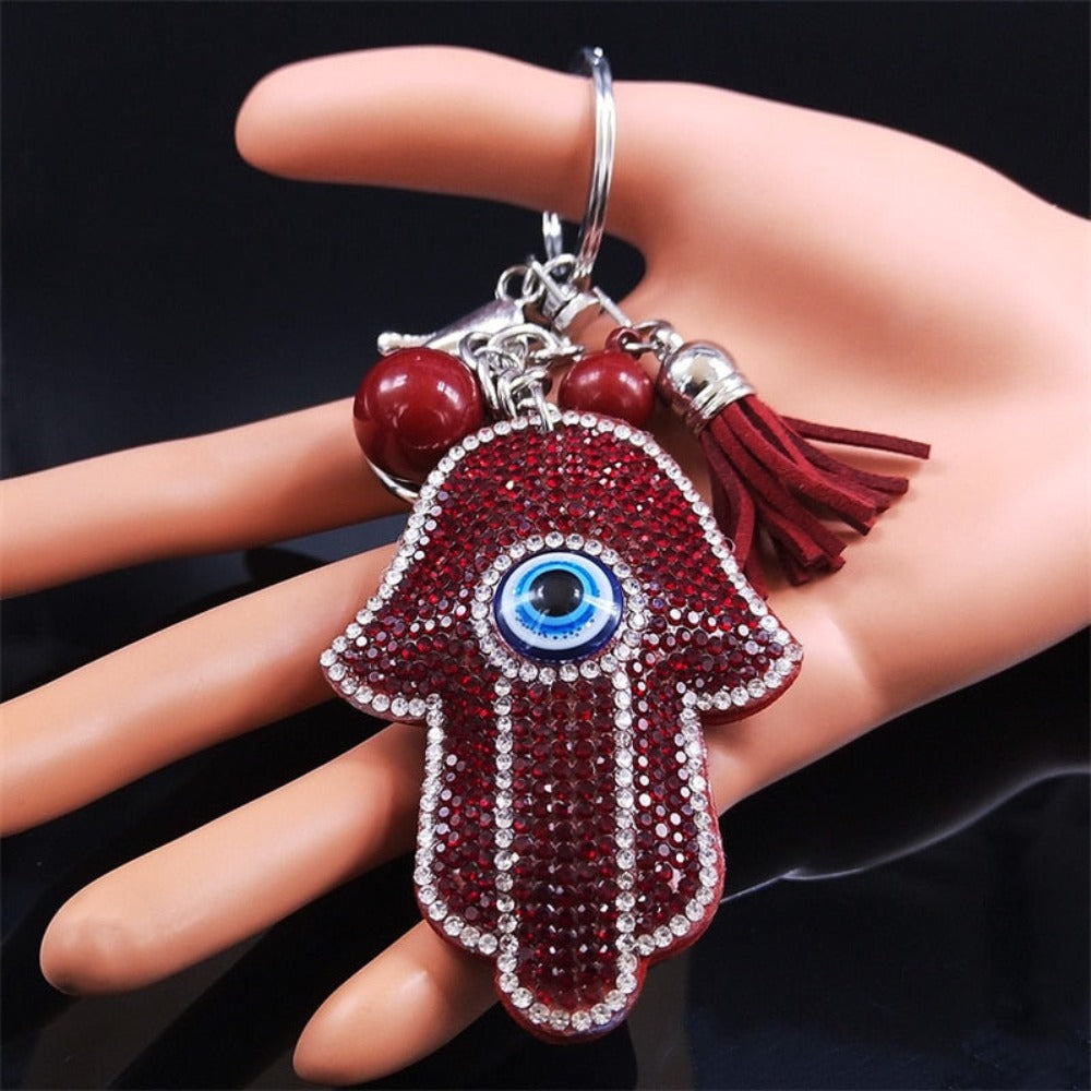 Protect Your Good Luck: Red Crystal Turkish Eye Hamsa Hands Keychains