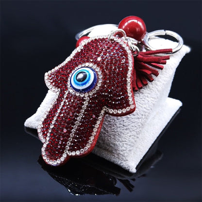 Protect Your Good Luck: Red Crystal Turkish Eye Hamsa Hands Keychains