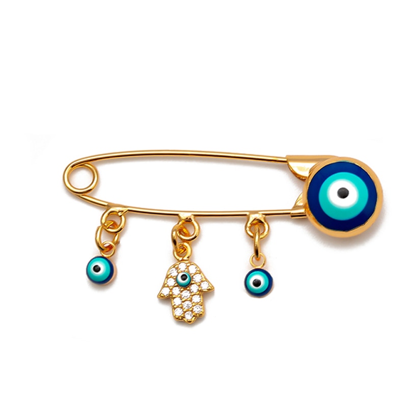 Ward off Bad Luck with our Turkish Evil Eye Brooch Pin with Flower Crown, Hamsa Hand, and Star Charms