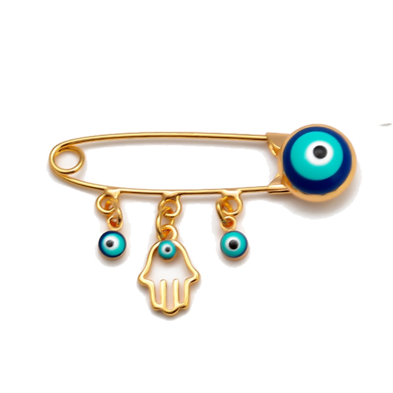 Ward off Bad Luck with our Turkish Evil Eye Brooch Pin with Flower Crown, Hamsa Hand, and Star Charms