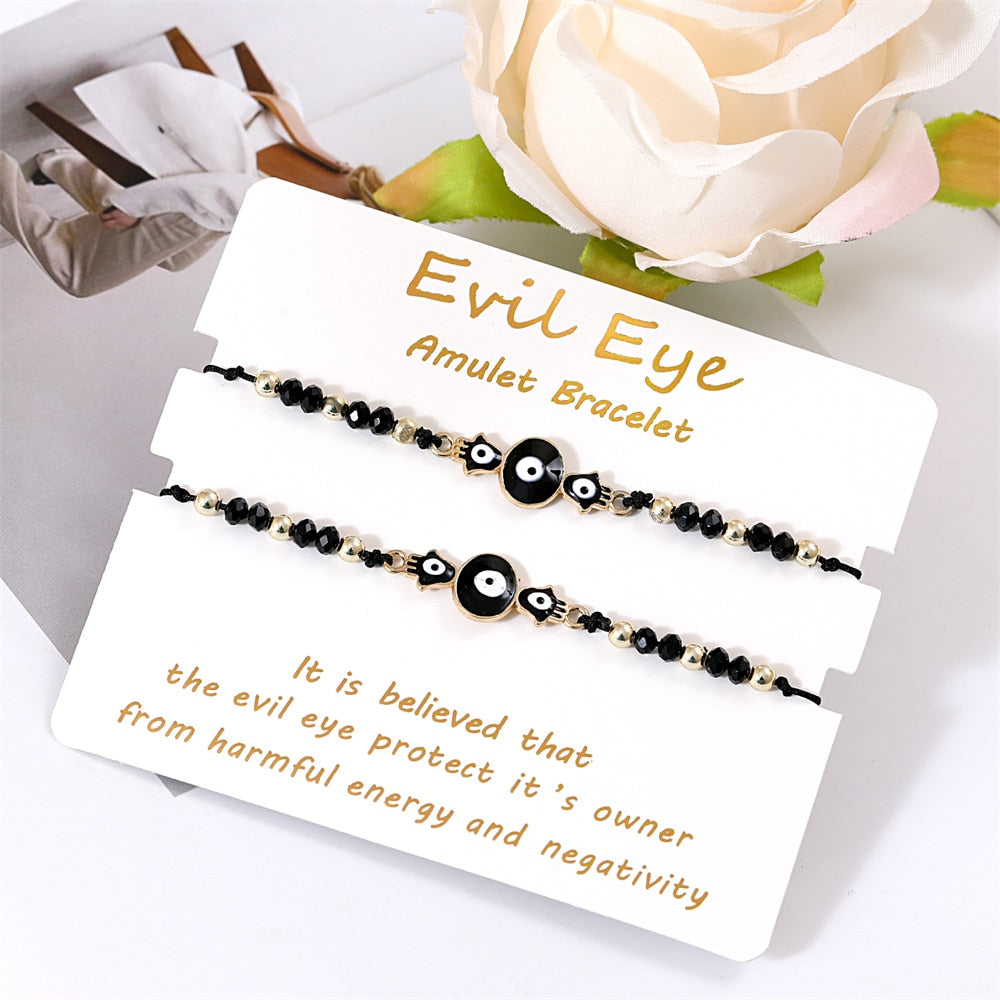 Bohemian Evil Eye Bracelet Set for Women and Men - Handmade Braided Anklets with Crystal Beads, Lucky Wish Jewelry for Protection