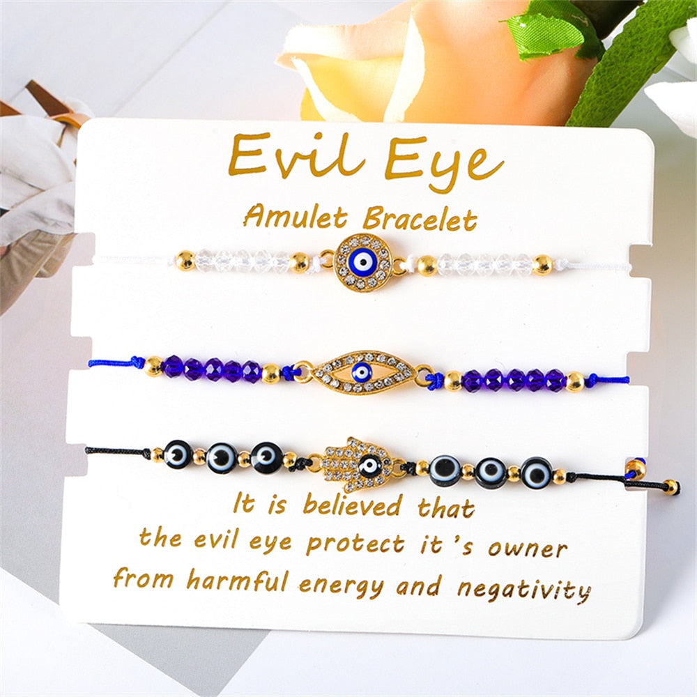 Bohemian Evil Eye Bracelet Set for Women and Men - Handmade Braided Anklets with Crystal Beads, Lucky Wish Jewelry for Protection