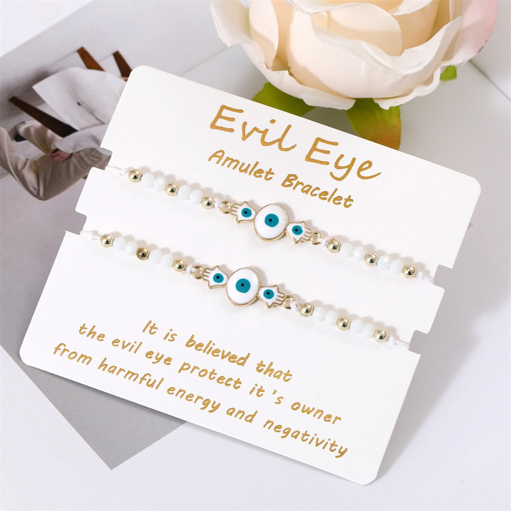 Bohemian Evil Eye Bracelet Set for Women and Men - Handmade Braided Anklets with Crystal Beads, Lucky Wish Jewelry for Protection