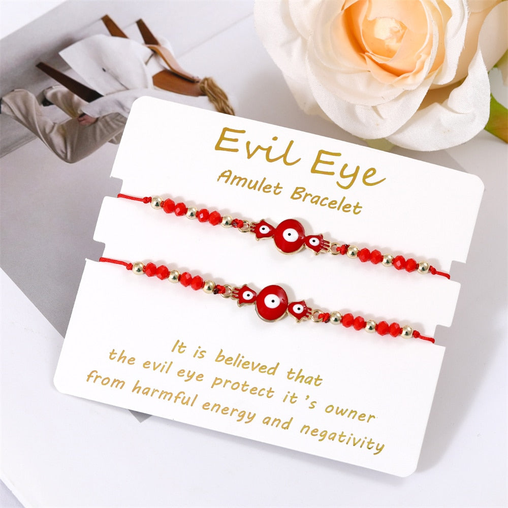 Bohemian Evil Eye Bracelet Set for Women and Men - Handmade Braided Anklets with Crystal Beads, Lucky Wish Jewelry for Protection