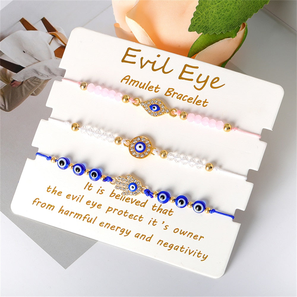 Bohemian Evil Eye Bracelet Set for Women and Men - Handmade Braided Anklets with Crystal Beads, Lucky Wish Jewelry for Protection