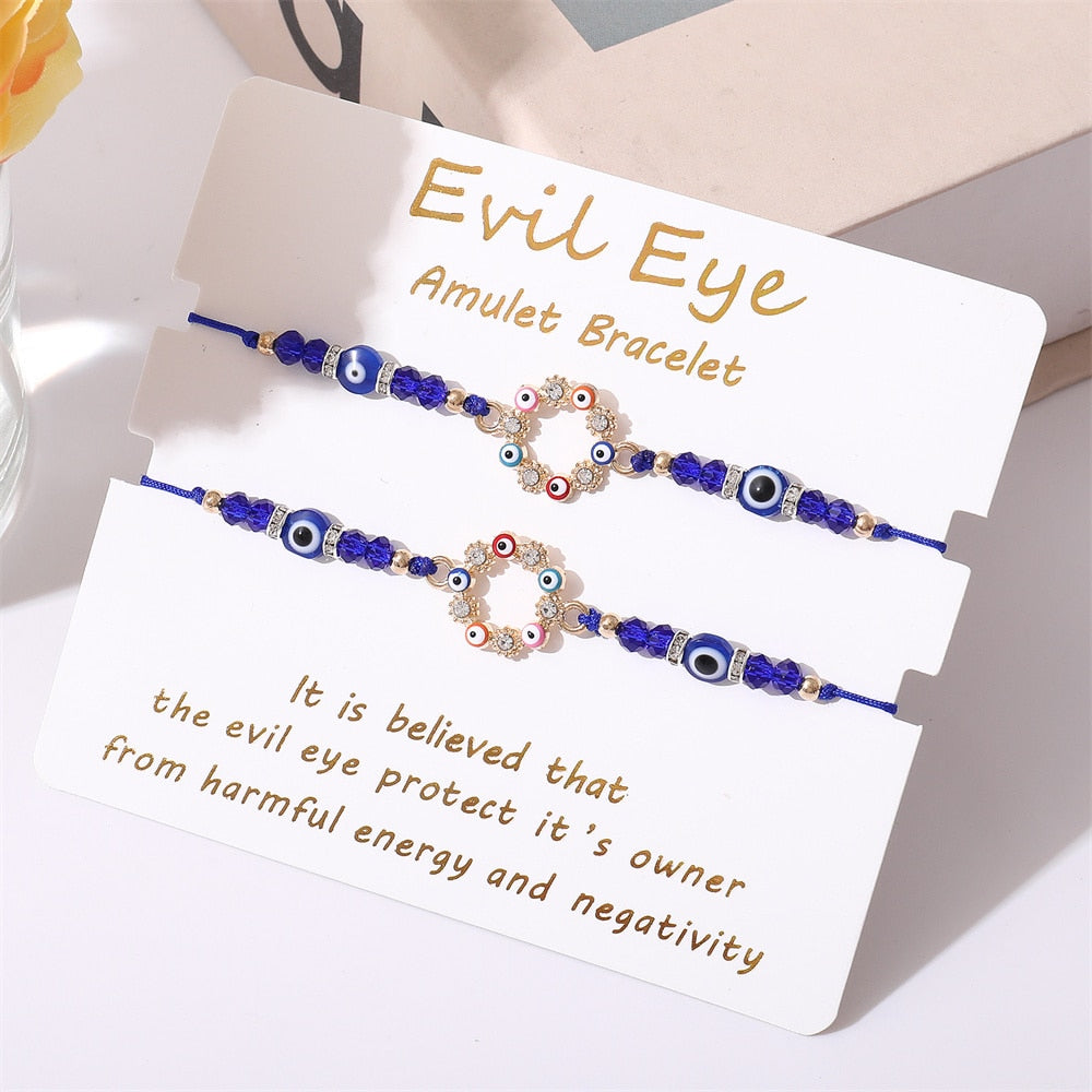 Bohemian Evil Eye Bracelet Set for Women and Men - Handmade Braided Anklets with Crystal Beads, Lucky Wish Jewelry for Protection