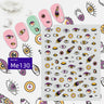 Purple and yellow eye nail sticker sheet with lashes, circles and feather accents