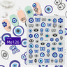 Blue evil eye nail sticker sheet with butterflies and feathered eye motifs