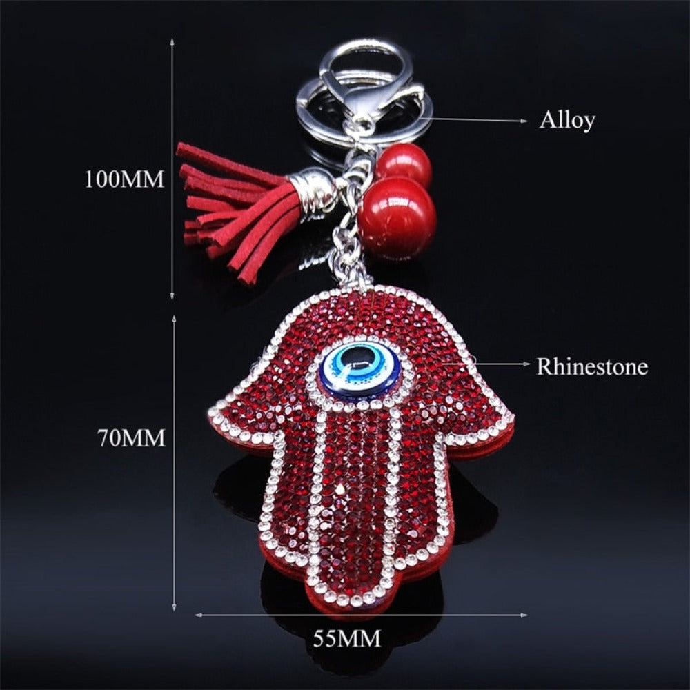 Protect Your Good Luck: Red Crystal Turkish Eye Hamsa Hands Keychains